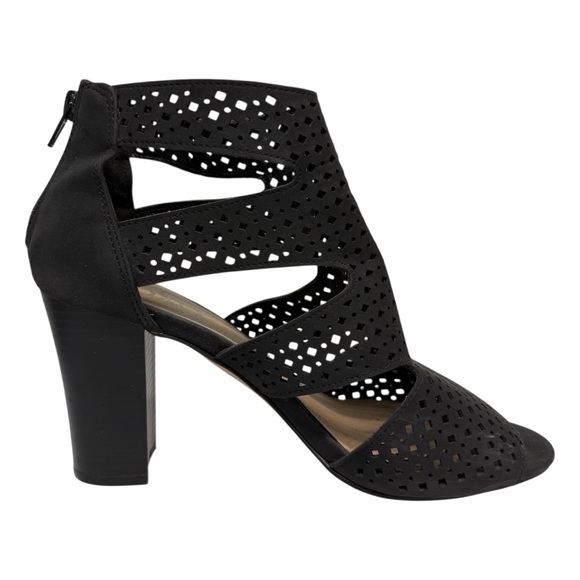 XOXO Beamer Sandals Heel Shoes Women’s 9.5 Black Lasercut Perforated - Picture 3 of 10